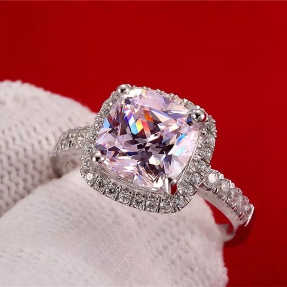 3.25Ct 925 Silver Cushion Cut Halo Solitaire Ring - Picture 7 of 16